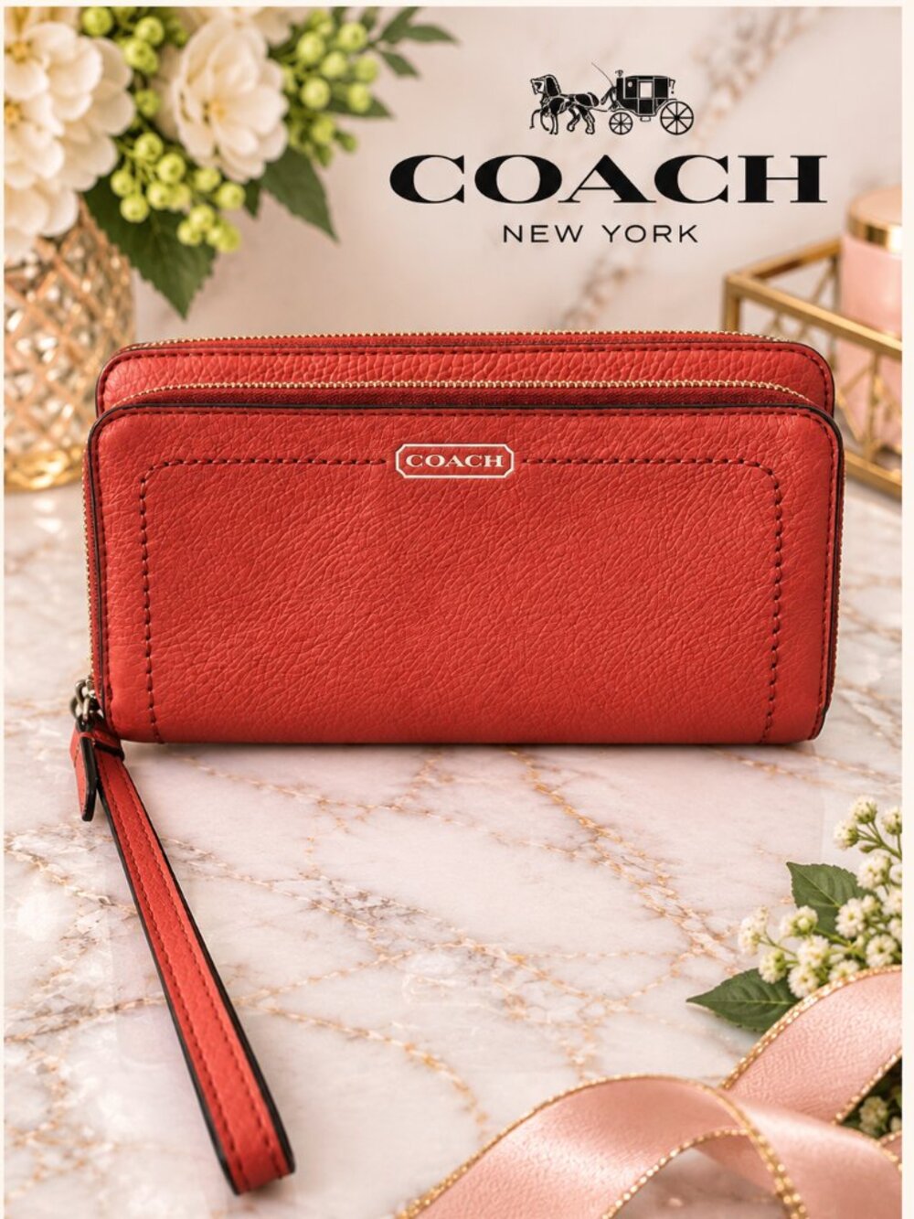 Coach w COA Coral Red Pebbled Leather Double Zip Wristlet Wallet